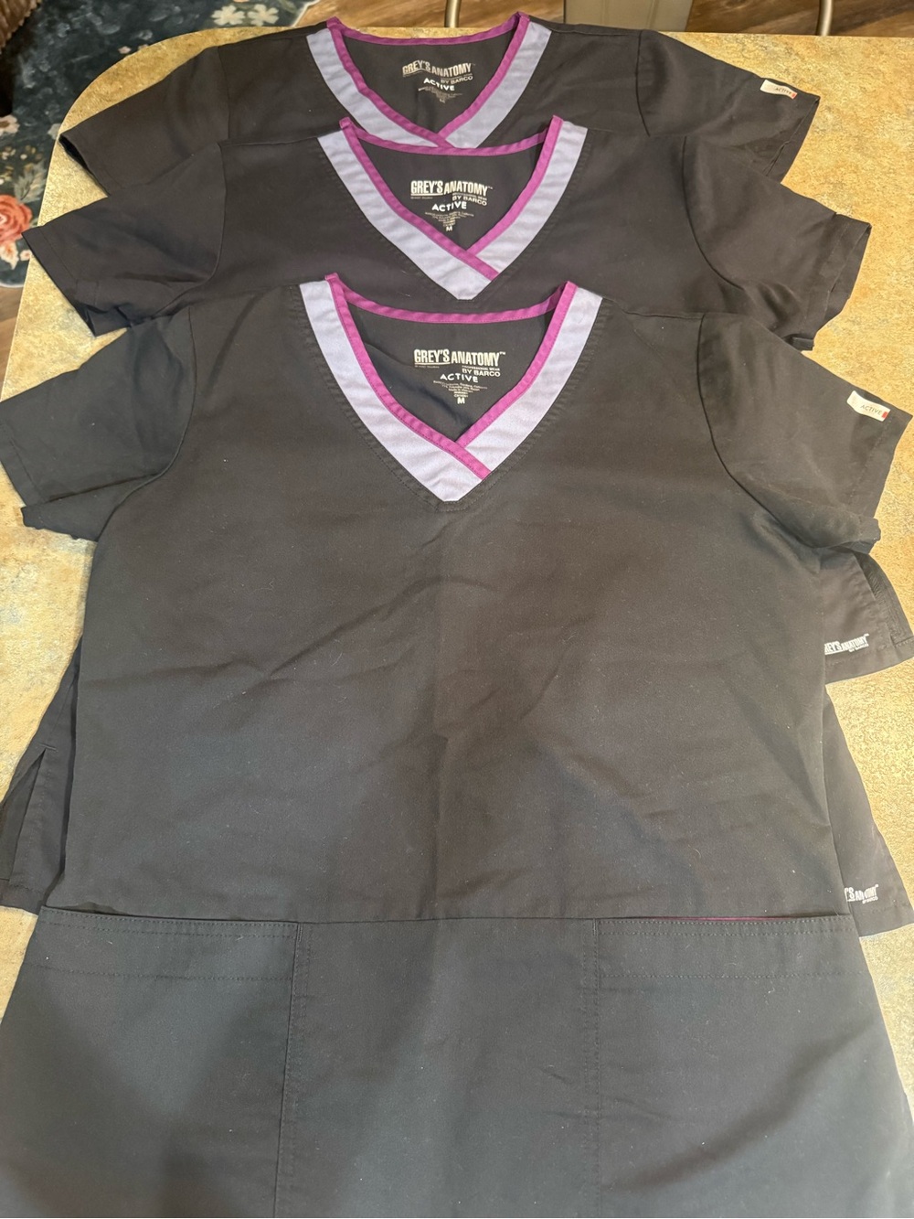 3-Grey's Anatomy Active Woman Black V-Neck scrub top with Purple Trim (all 3 )